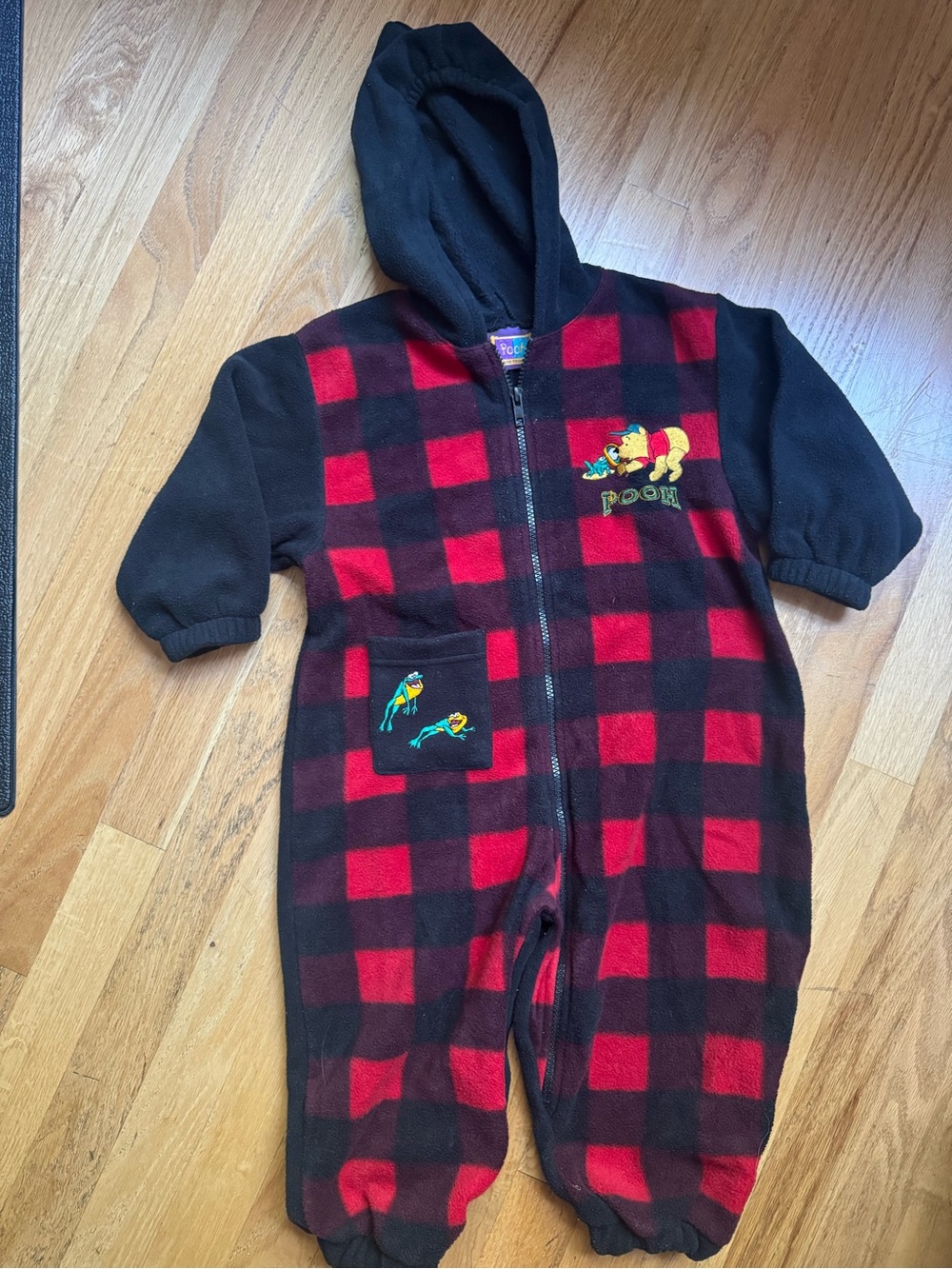 Winnie the Pooh red & black Plaid Hooded One-Piece with Embroidery 24 months
